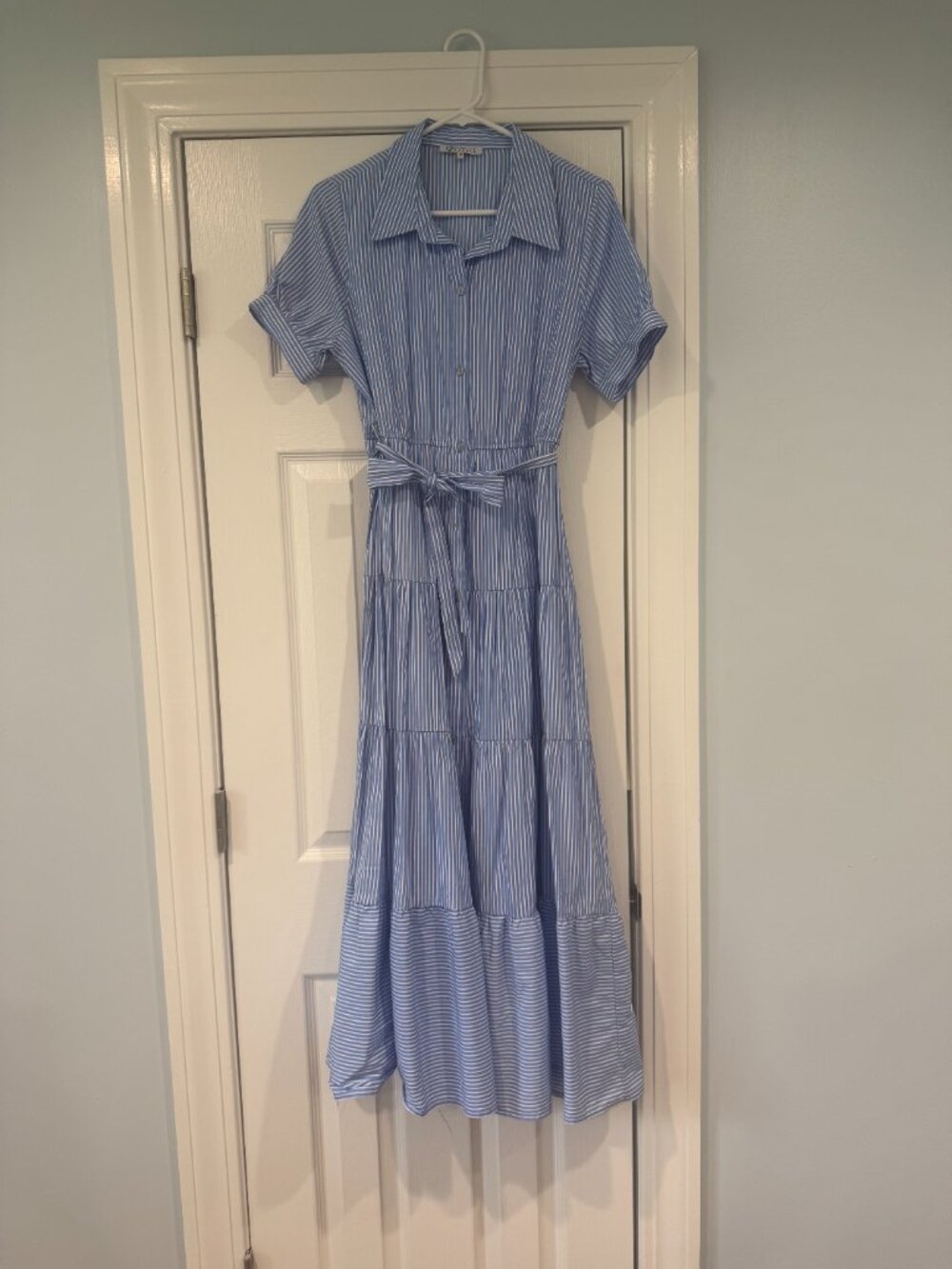 Blue and White Striped Shirtdress with Belt
